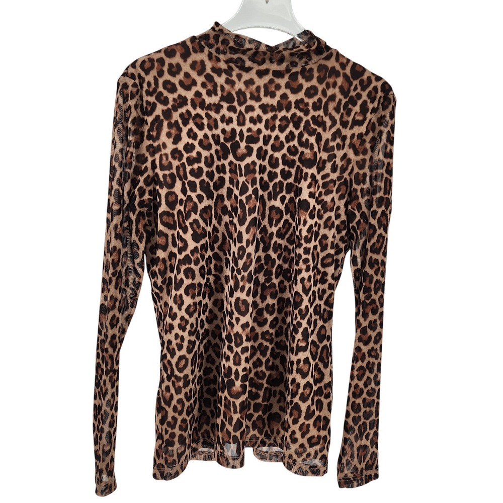 Anne Klein Leopard Print Mock Neck Mesh Top Brown Black XXS NWT $79